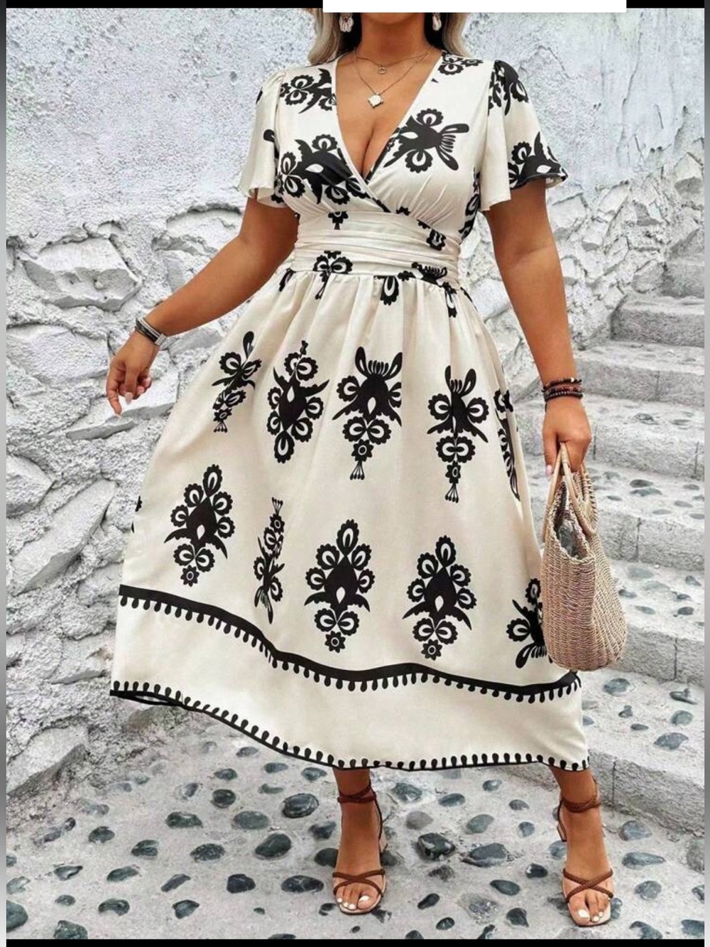 SHEIN curve Women's Cream Midi Dress with Black Floral Print